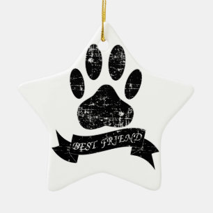 Distressed Dog Paw With Ribbon Ceramic Tree Decoration