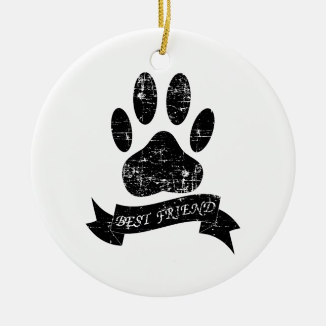 Distressed Dog Paw With Ribbon Ceramic Tree Decoration (Front)