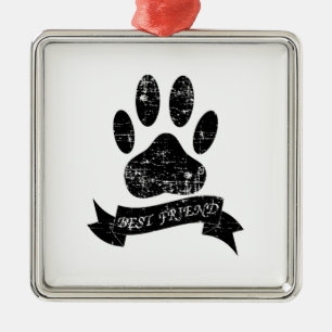 Distressed Dog Paw With Ribbon Metal Tree Decoration