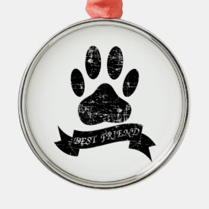 Distressed Dog Paw With Ribbon Metal Tree Decoration