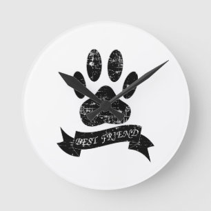 Distressed Dog Paw With Ribbon Round Clock