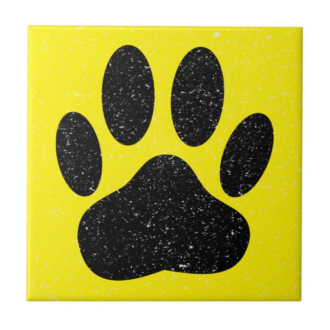 Distressed Dog Pawprint Square Yellow Tile (Front)
