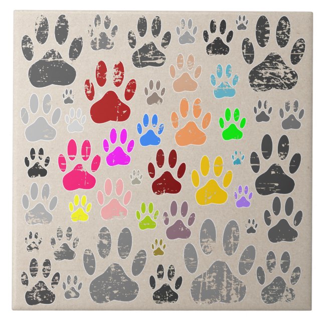 Distressed Dog Paws On Kraft Paper Background Tile (Front)