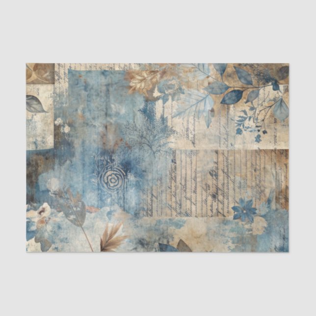 Distressed Ephemera Collage in Blue and Beige Tissue Paper (Front)