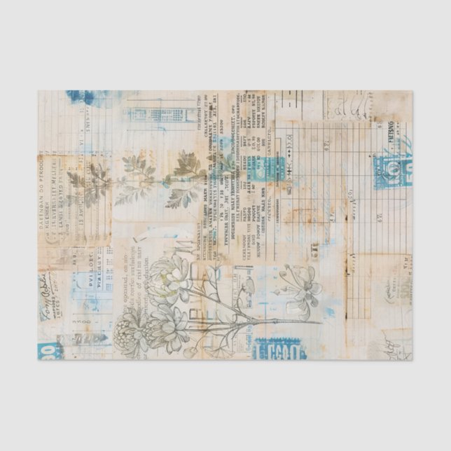Distressed Ephemera Collage with Blue Highlights Tissue Paper (Front)