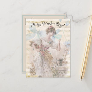 Distressed Fantasy Woman Gathering Flowers Grain Holiday Postcard