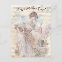 Distressed Fantasy Woman Gathering Flowers Grain Postcard