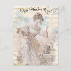Distressed Fantasy Woman Gathering Flowers Grain Postcard