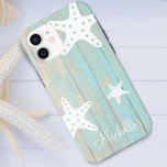 Distressed Faux Beach Wood Starfish Personalised Case-Mate iPhone Case<br><div class="desc">Distressed tropical beach blue faux wood with three white graphic starfish and personalised phone case.</div>