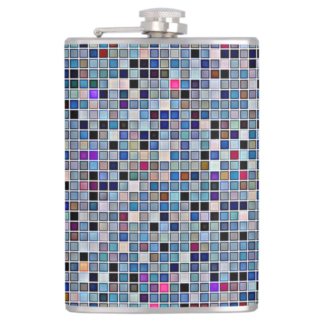 Distressed Funky Blue 'Bathroom Tiles' Pattern Hip Flask (Front)