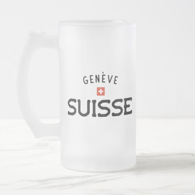 Distressed Geneve Suisse (Geneva Switzerland) Frosted Glass Beer Mug (Left)