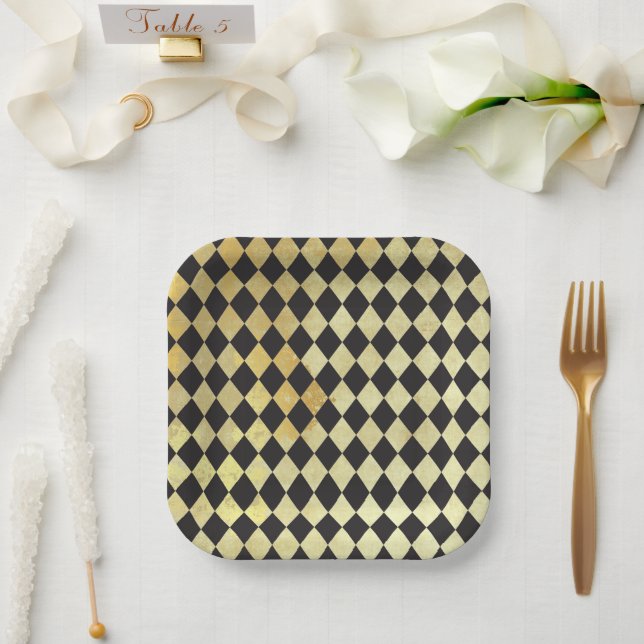 Distressed Gold and Black Vintage Harlequin  Paper Plate (Wedding)
