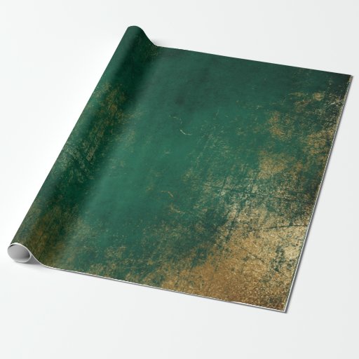 Image of Distressed Gold Emerald Deep Green Tropical Wrapping Paper