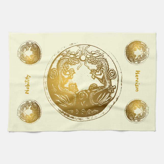 Distressed Golden Dragons - Nobility, Heroism Tea Towel (Horizontal)
