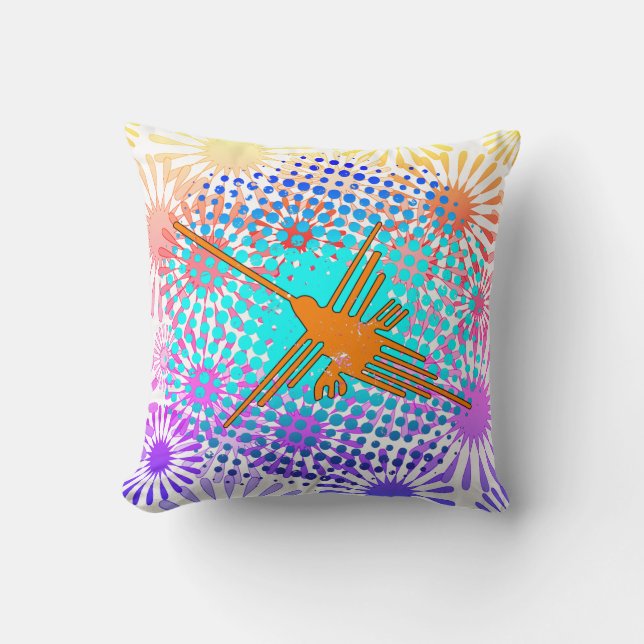 Distressed Golden Nazca Lines Hummingbird Cushion (Front)