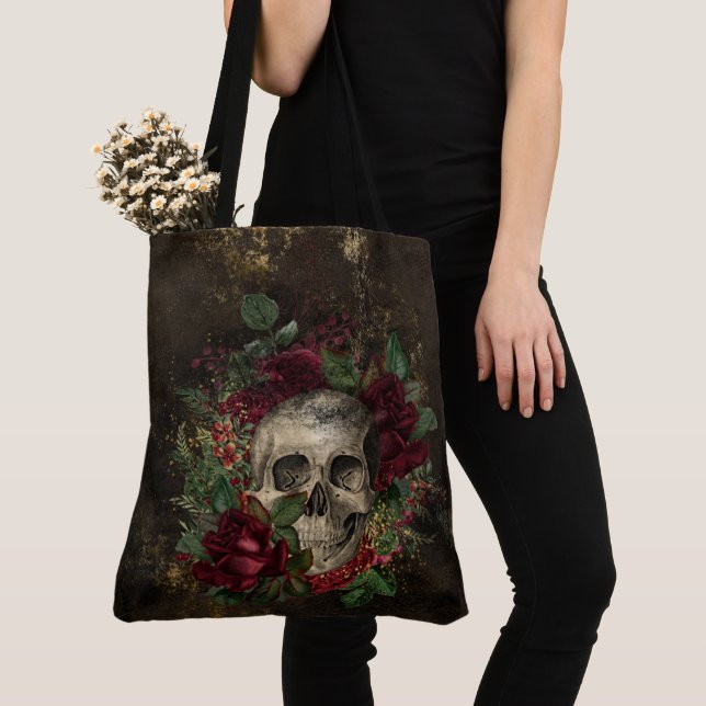Distressed Gothic Skull Among Roses On Leather Tote Bag (Close Up)