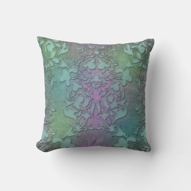 Distressed Green Teal Purple Damask Modern Art Cushion (Front)