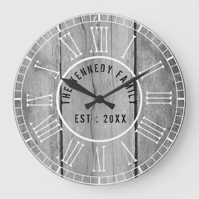 Distressed Grey Wood White Roman Numerals Country Large Clock (Front)
