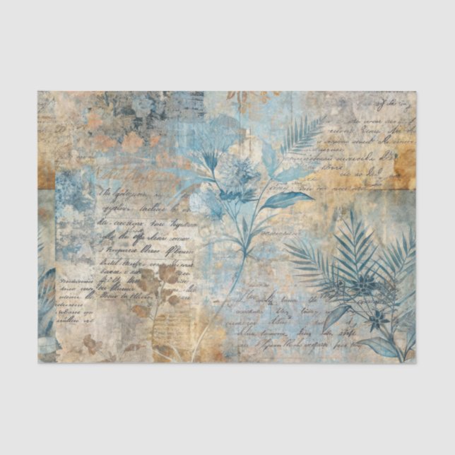 Distressed Grungy Blue Floral Ephemera Collage Tissue Paper (Front)