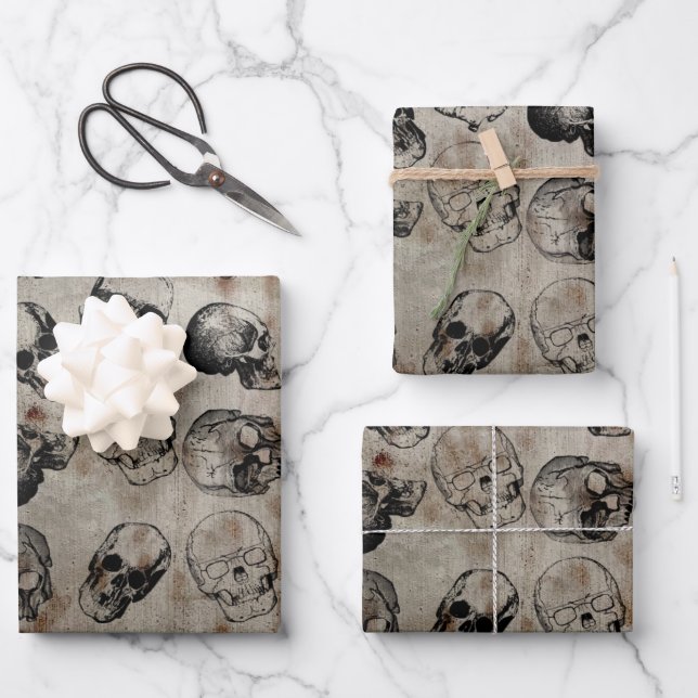 Distressed Halloween Vintage Skulls Pattern Wrapping Paper Sheet (Front)
