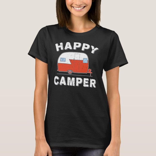 Distressed Happy Camper Vintage Rv Trailer T-Shirt (Front)