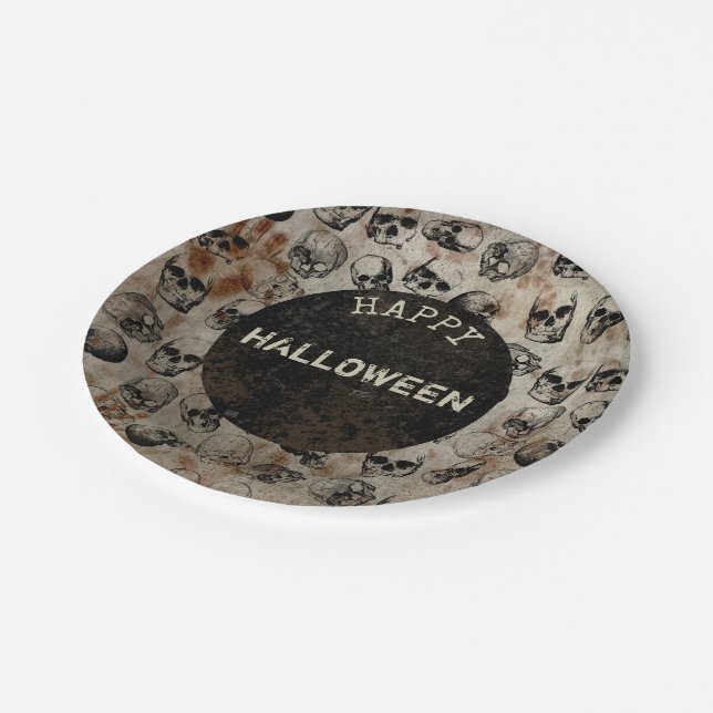 Distressed Happy Halloween Party Vintage Skulls Paper Plate (Angled)