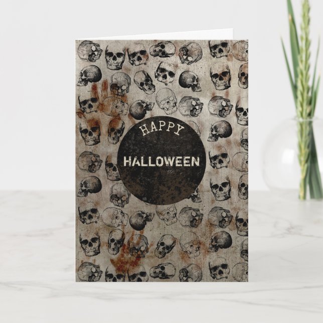 Distressed Happy Halloween Vintage Skull Halloween Card (Front)