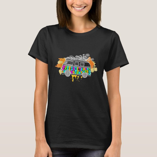 Distressed Hippie Van Bus Adventures Camping T-Shirt (Front)
