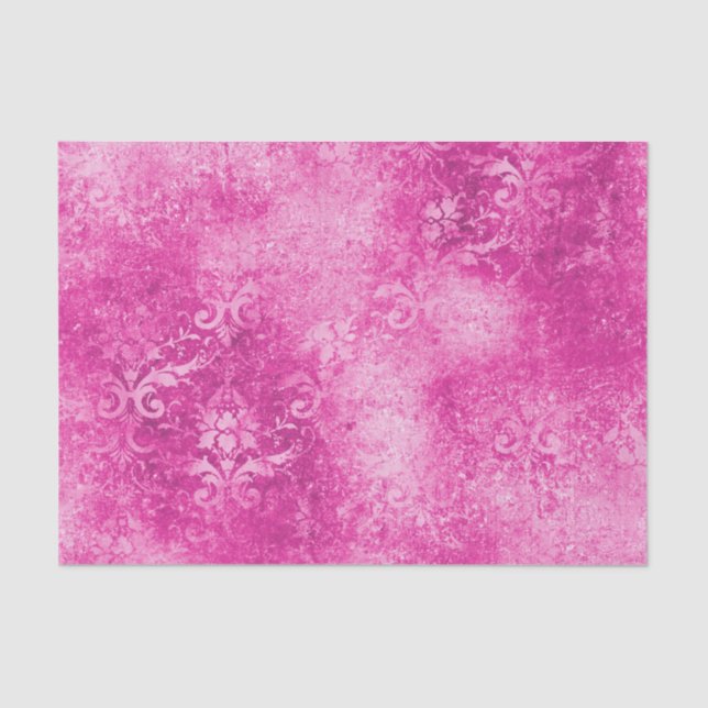 Distressed Hot Pink Damask Tissue Paper (Front)