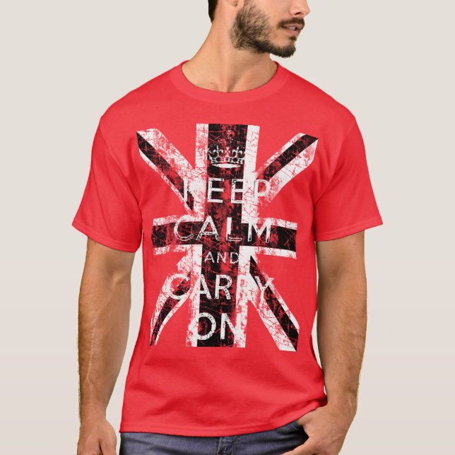 DISTRESSED KEEP CALM AND CARRY ON UK FLAG T-Shirt (Front)