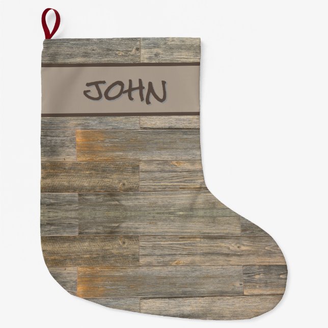 Distressed light Rustic Wood grain planks   Large Christmas Stocking (Front)