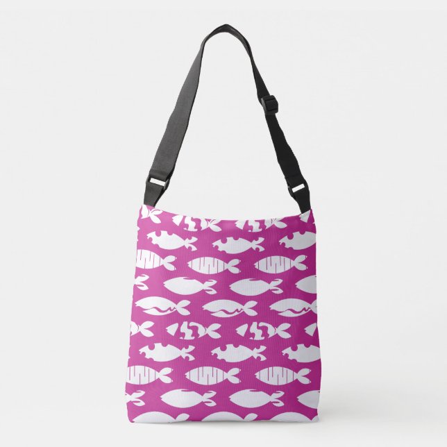 Distressed Look Fish Pattern Pink and White Crossbody Bag (Front)