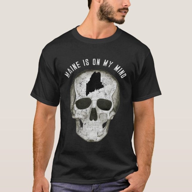 Distressed Maine On My Mind Skull T-Shirt (Front)