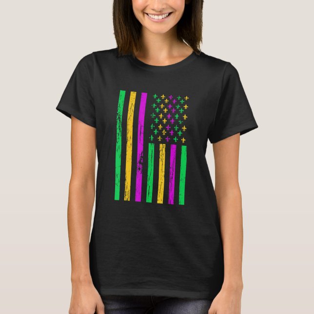 Distressed Mardi Gras American US Flag Carnival Fe T-Shirt (Front)