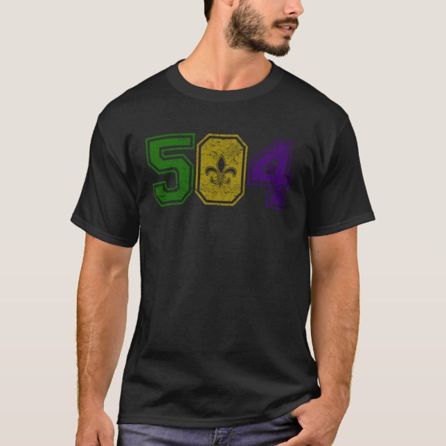 Distressed Mardi Gras Retro Fleur De Lis NOLA 504 T-Shirt (Front)