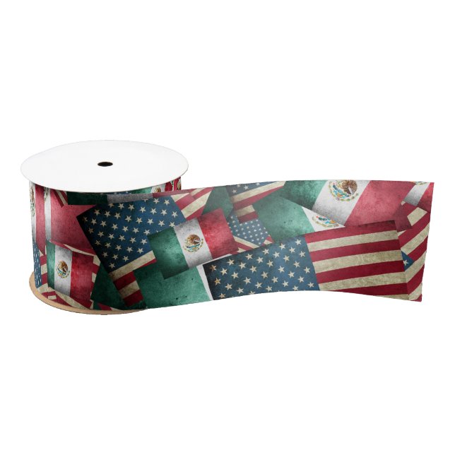 Distressed Mexican/American Flags  - US & Mexican Satin Ribbon (Spool)