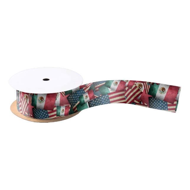 Distressed Mexican/American Flags  - US & Mexican Satin Ribbon (Spool)