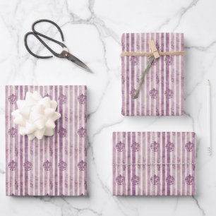 Distressed Motifs on Purple & Ivory Stripes Wrapping Paper Sheet