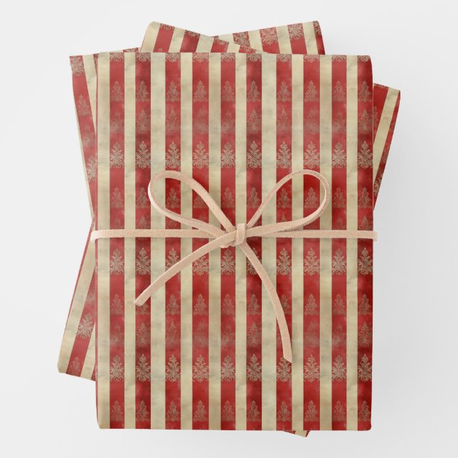 Distressed Motifs on Red & Ivory Stripes Wrapping Paper Sheet (In situ)