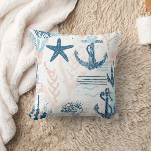 Distressed Nautical Anchor Starfish Blue Coastal Cushion