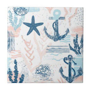 Distressed Nautical Anchor Starfish Blue Coastal Tile