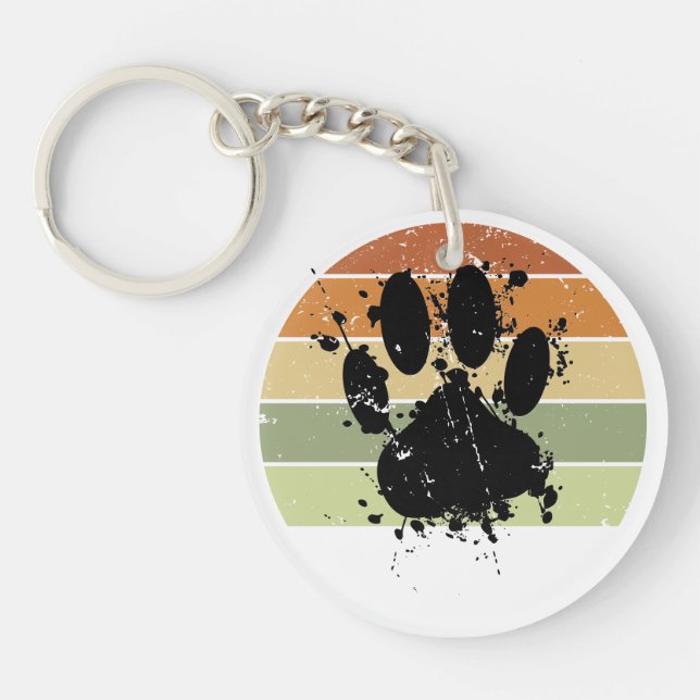 Distressed Paint Splatter Dog Paw Retro Sunset Key Ring (Front)