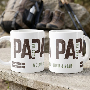Distressed Papa Est Year Personalised Brown Green Large Coffee Mug