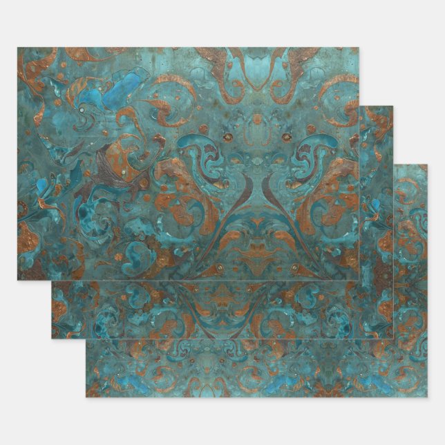 Distressed Patina Copper Vintage Ephemera  Wrapping Paper Sheet (Set)