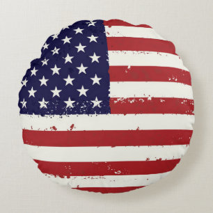 Distressed Patriotic American Flag Round Cushion