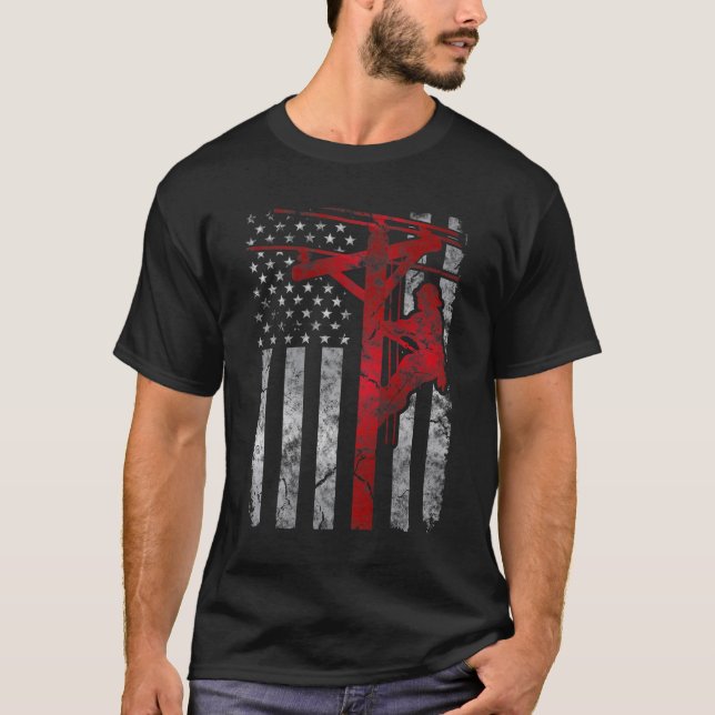 Distressed Patriotic Electric Cable Lineman Americ T-Shirt (Front)