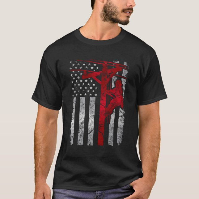 Distressed Patriotic Electric Cable Lineman Americ T-Shirt (Front)