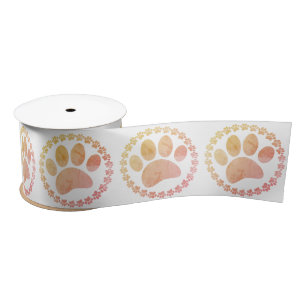 Distressed Paw And Round Frame Dog Print Pattern Satin Ribbon