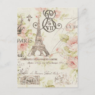 Distressed pink Floral Paris Eiffel Tower Postcard