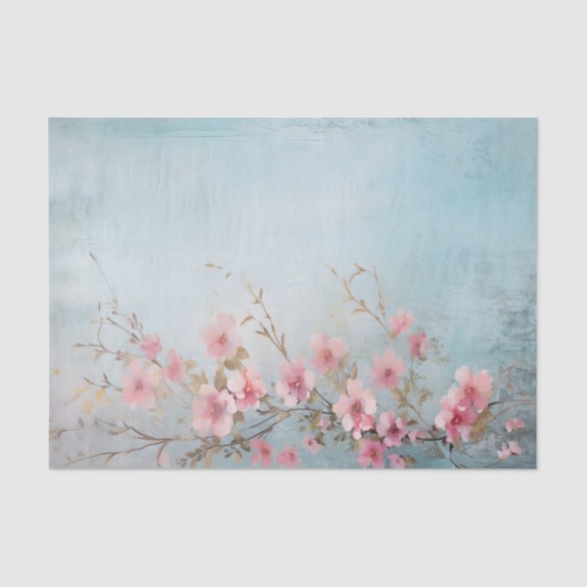 Distressed Pink Flower Branches on Light Blue Tissue Paper (Front)